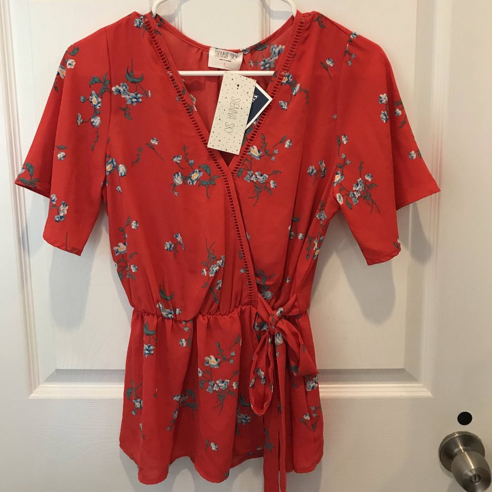 Red Floral Wrap Tie Blouse